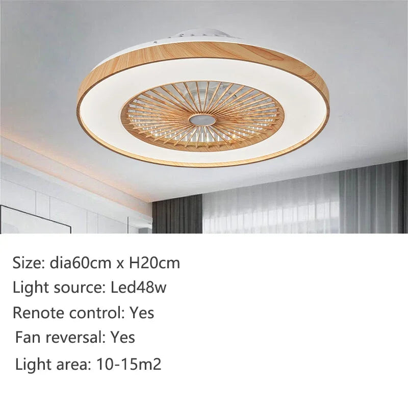 Ceiling fan light fixture with wooden rim and LED lighting on a neutral background