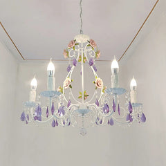 A white floral crystal chandelier with multiple light arms and purple crystal pendants.