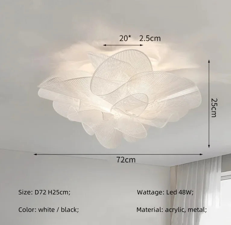Ceiling light fixture with dimensions and specifications on a white ceiling