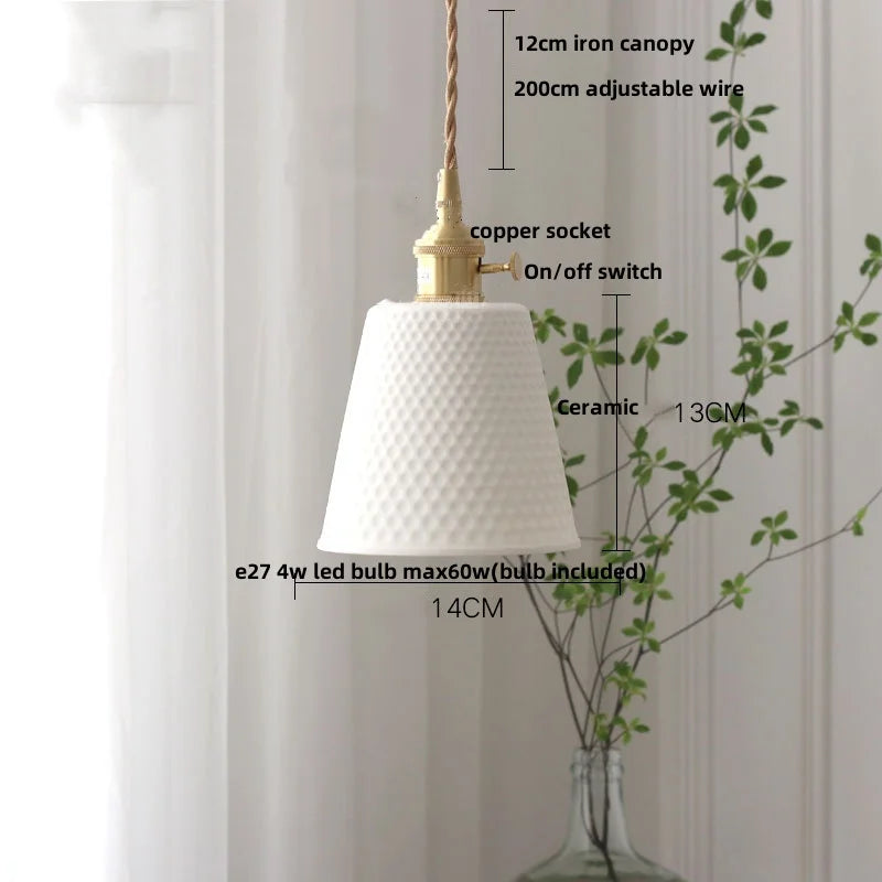 White ceramic pendant light with measurements and details on a white background