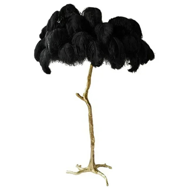 Black feathered lampshade on a gold stand against a white background