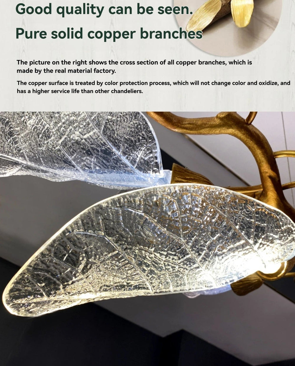 Copper branches with text about quality and material on a dark background