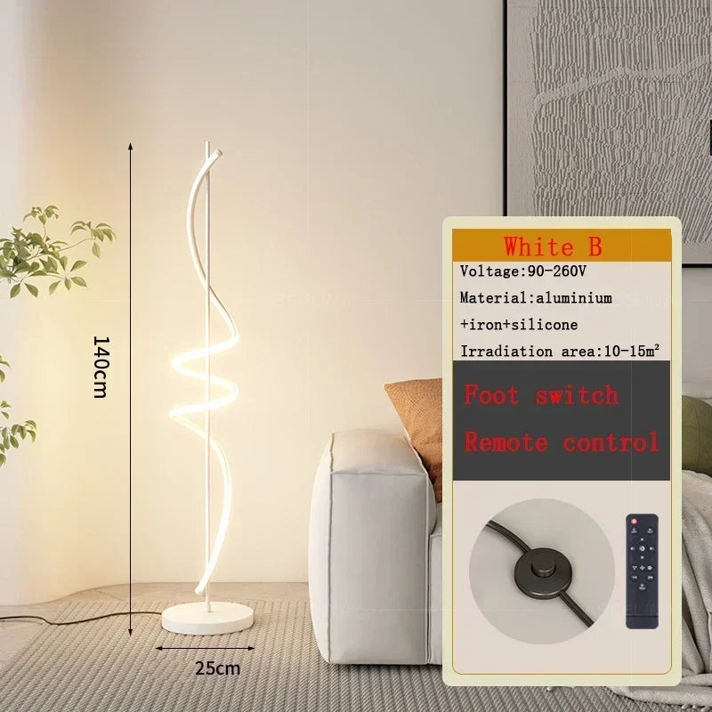 Modern floor lamp with remote control and foot switch in a room setting