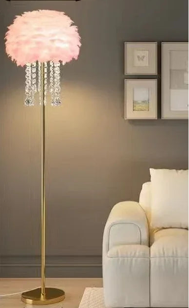 Decorative floor lamp with measurements in a living room setting