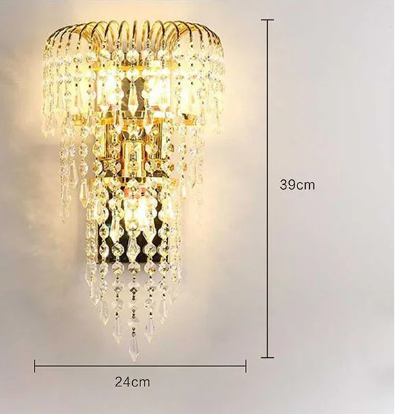 Wall-mounted crystal lamp with dimensions on a gray background