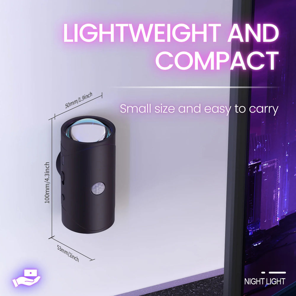 Black portable light with dimensions and text highlighting its lightweight and compact design.