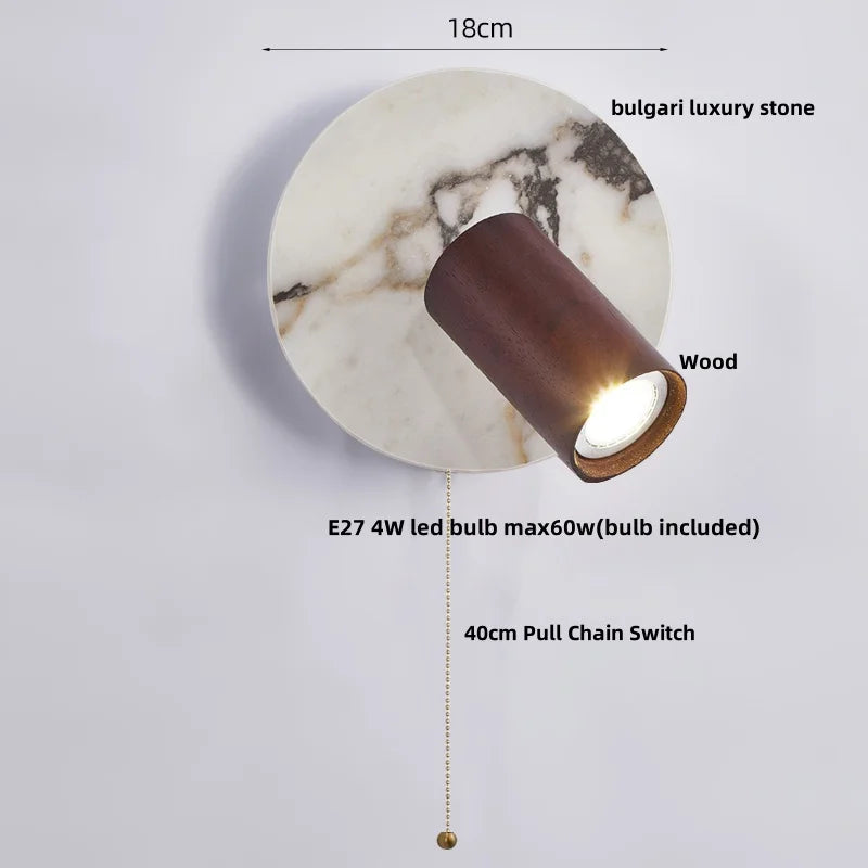 Wall-mounted light fixture with marble base and wood finish, featuring dimensions and bulb information.