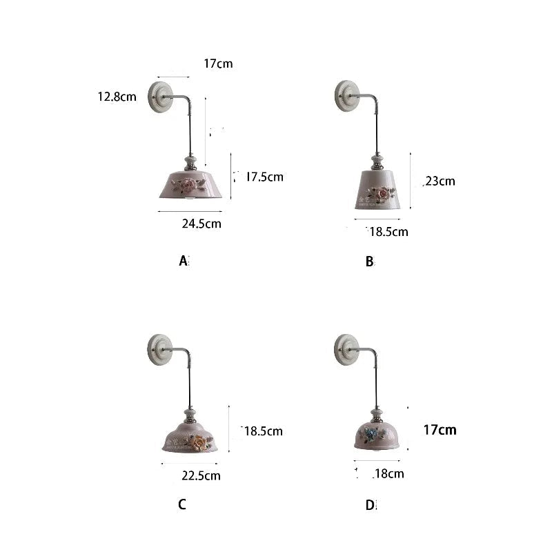 Four wall lamps with measurements on a white background