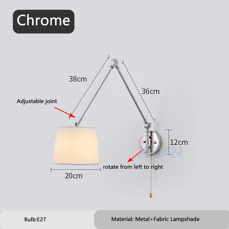 Wall-mounted lamp with adjustable arm and measurements on a gray background