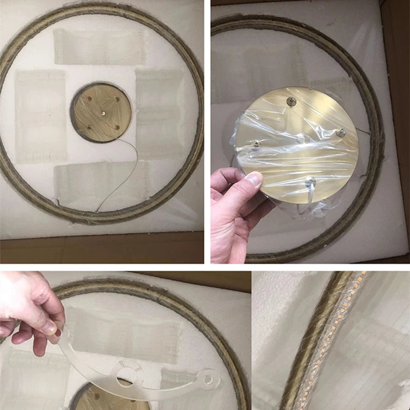 Collage of images showing a wooden disc with a metal ring and plastic cover, held by a hand.