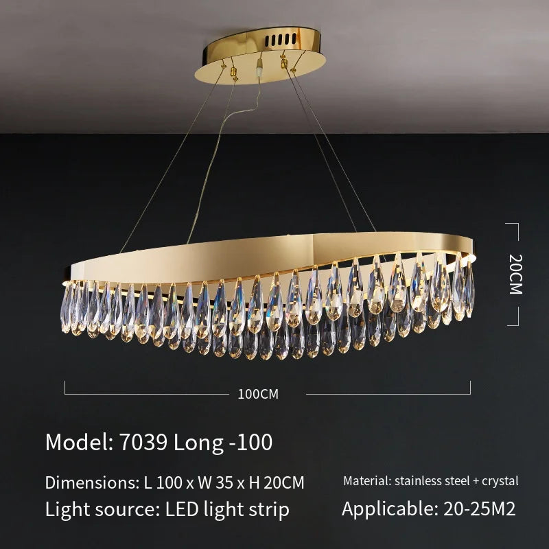 Gold chandelier with crystal accents on a dark background