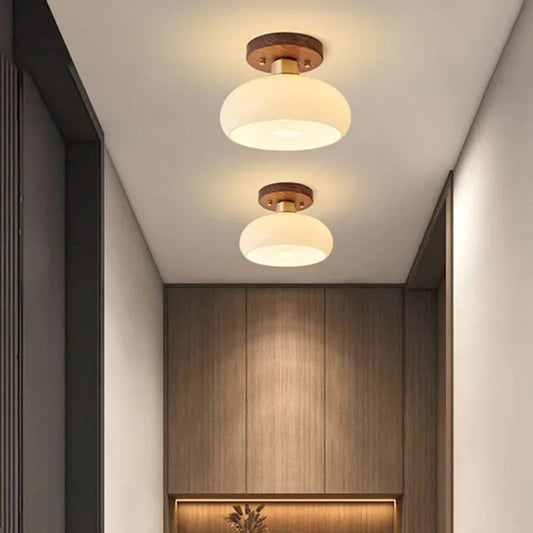 Two frosted glass dome ceiling lights with wood bases mounted in a hallway.