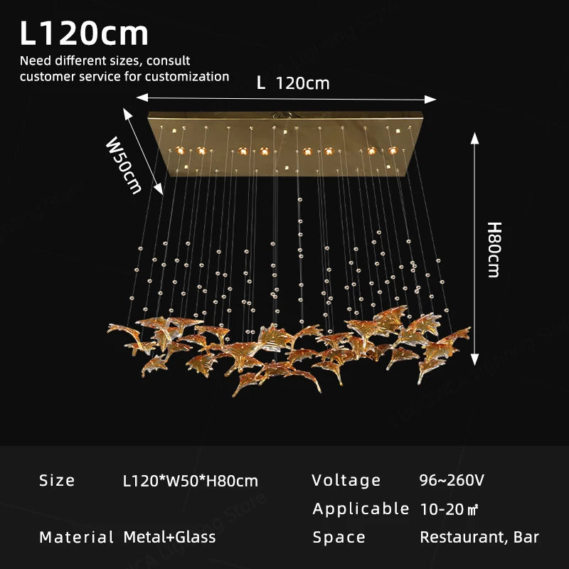 Chandelier with dimensions and specifications on a black background