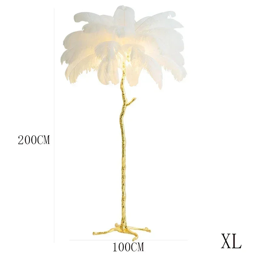 Palm tree-shaped lamp with measurements on a white background