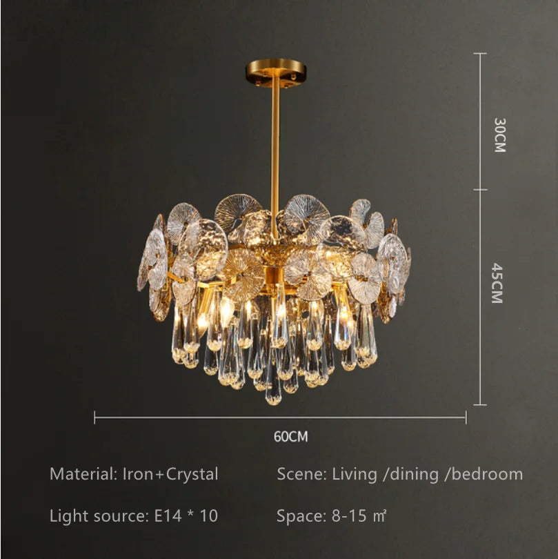 Gold and crystal chandelier with dimensions on a dark background