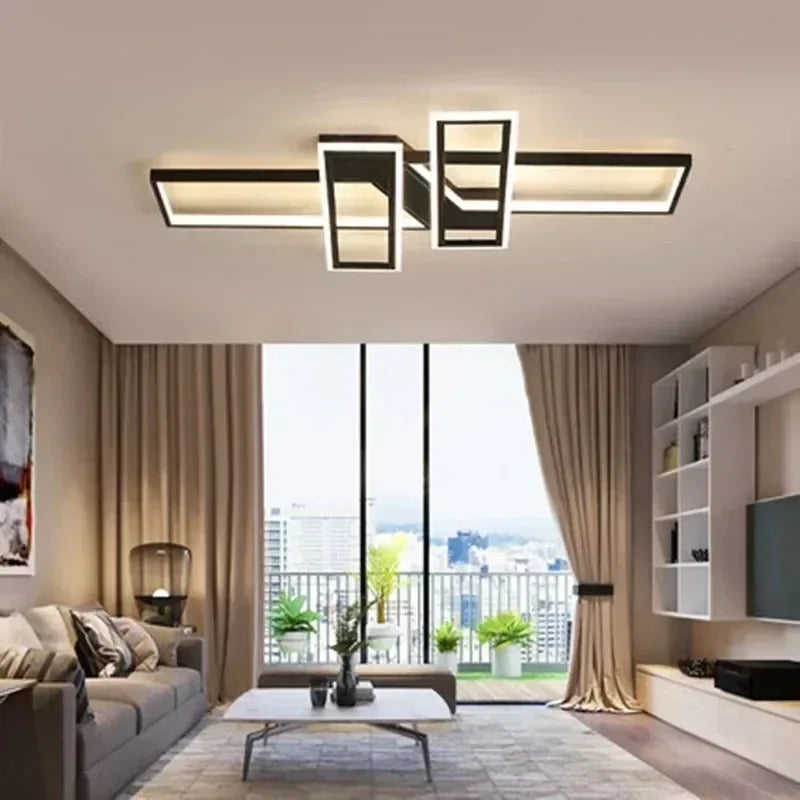 Angular view of the black geometric semi-flush ceiling light showing its multi-level design.