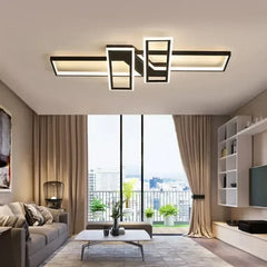 Angular view of the black geometric semi-flush ceiling light showing its multi-level design.