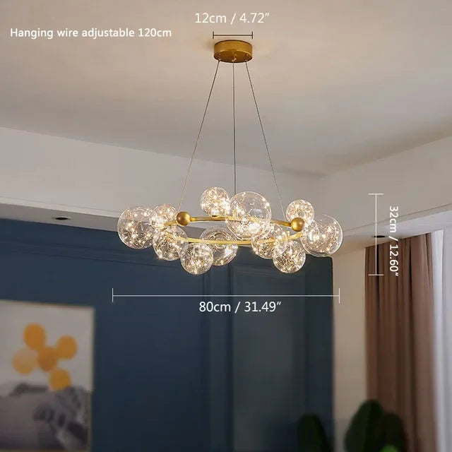 Chandelier with dimensions indicated on a blurred indoor background