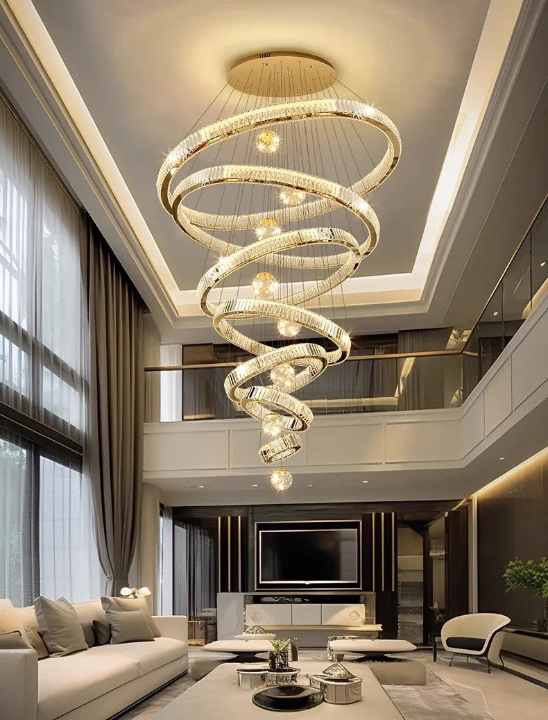 Modern living room with a large spiral chandelier