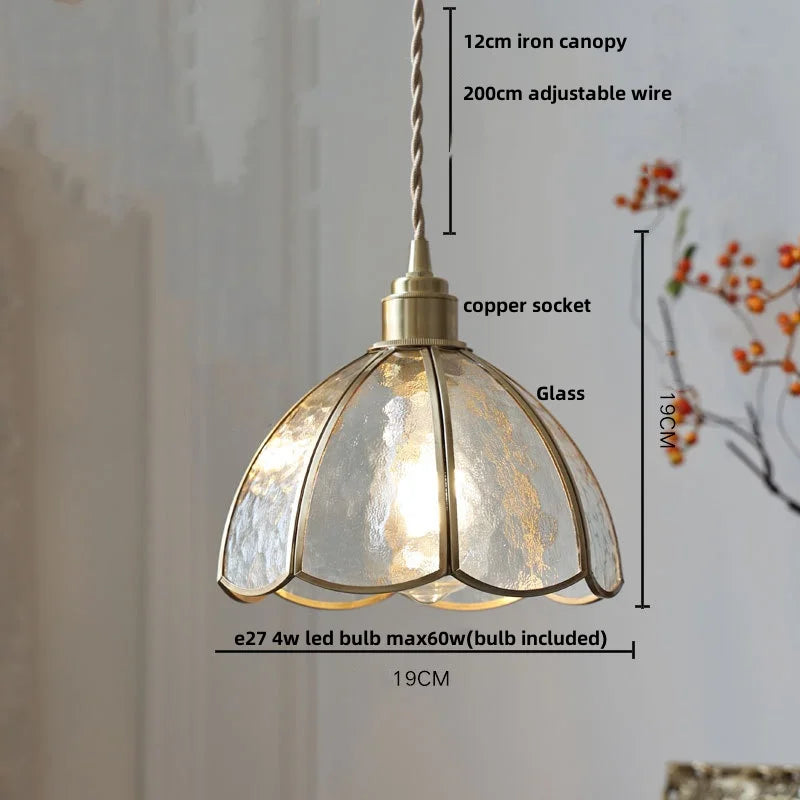 Pendant light with measurements and details on a neutral background