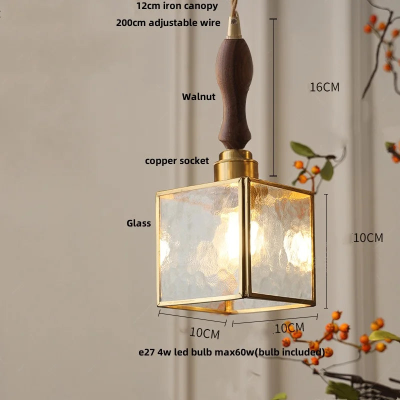 Pendant light with dimensions and material labels on a neutral background