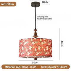 Floral Fabric Drum Pendant Light with Wood Accents