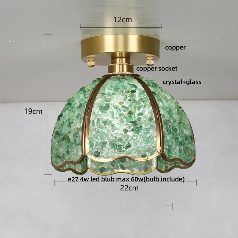 Green glass ceiling light fixture with measurements and material details on a gray background
