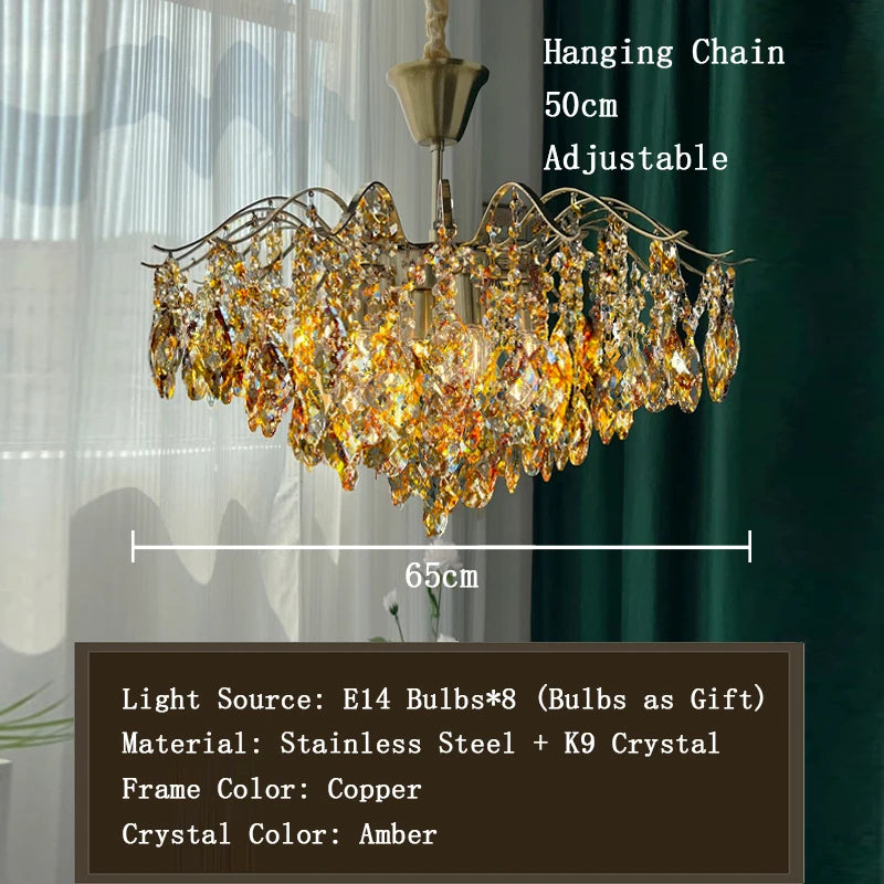 Chandelier with crystal details and measurement information on a blurred background