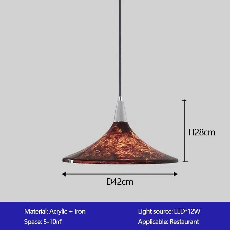 Pendant light with dimensions and specifications on a gray background