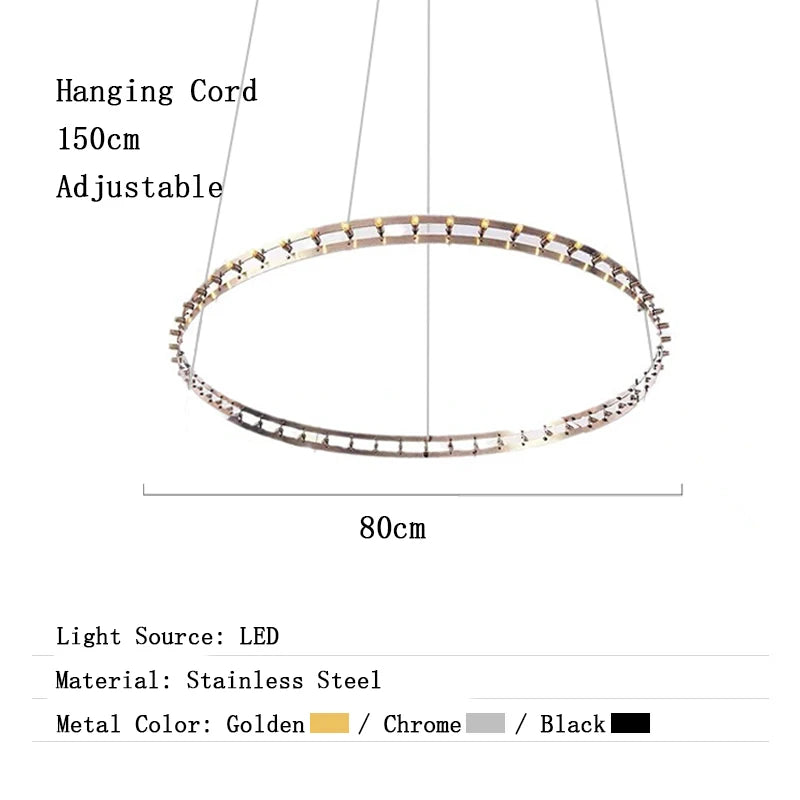 Chandelier with dimensions and material details on a white background