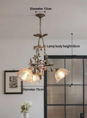 Gold Metal Chandelier with Rose Bud Accents and Frosted Glass Shades