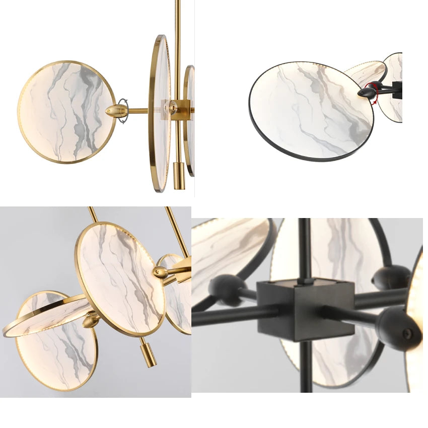 Collage of modern pendant lights with gold and black finishes.