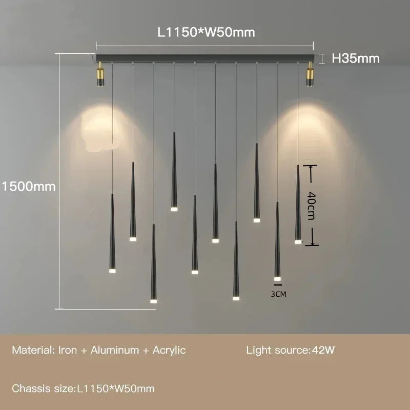 Chandelier with dimensions and material details on a gray background