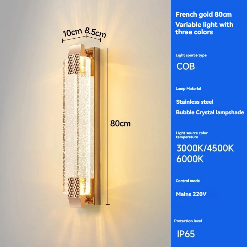 Wall-mounted light fixture with specifications on a gray background