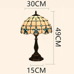 Diagram showing dimensions of a Tiffany stained glass floral table lamp.