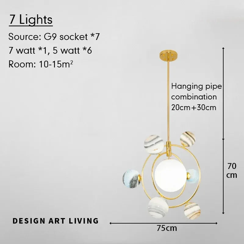 Chandelier with geometric design and measurements on a gray background