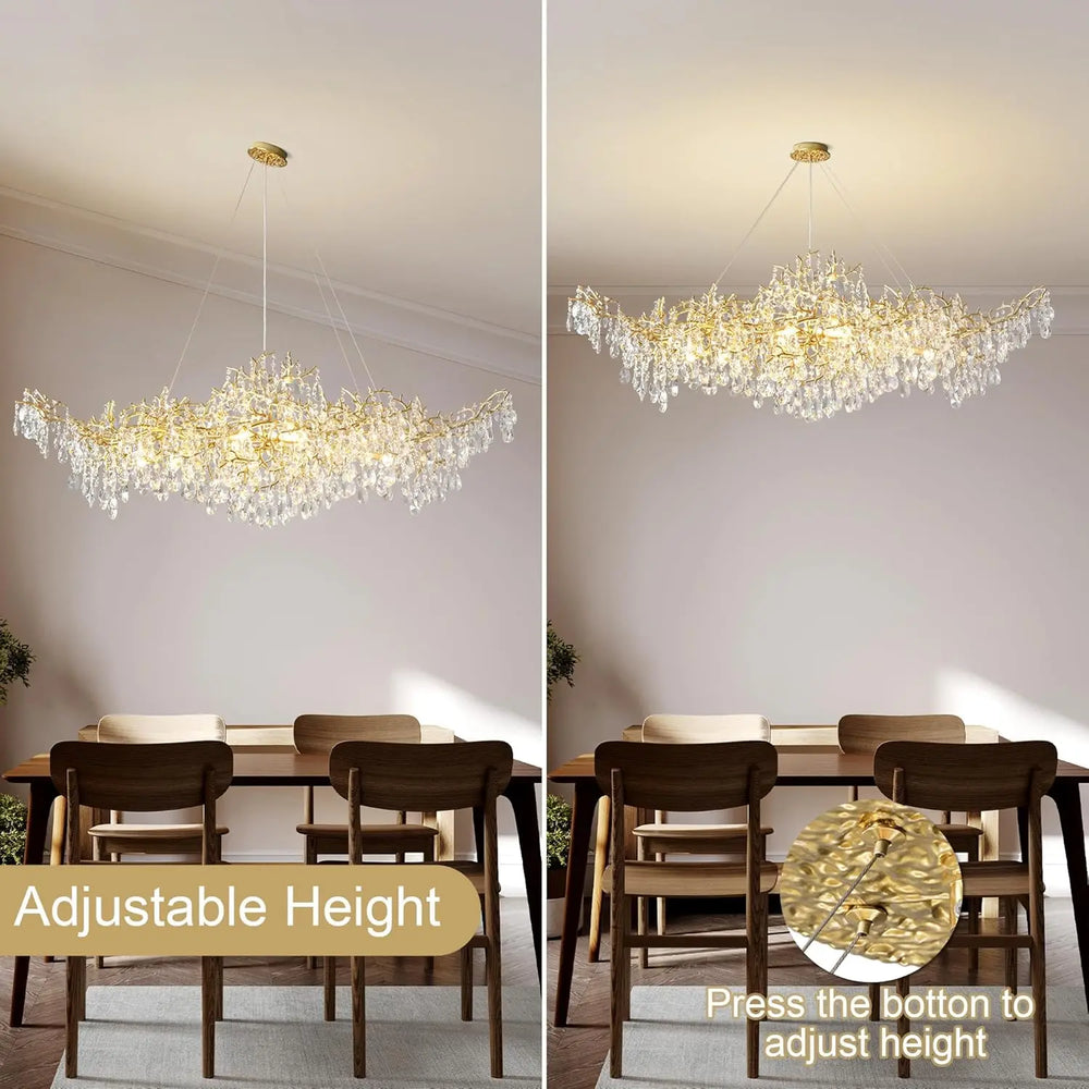 Chandelier with adjustable height feature shown in two positions over a dining table.