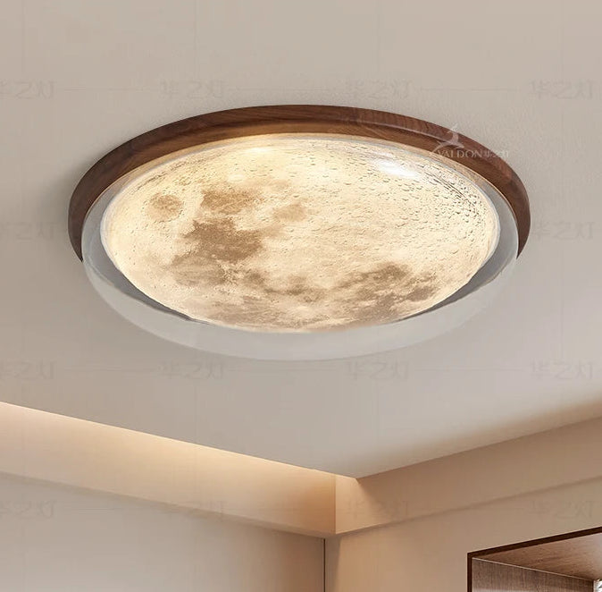 Ceiling light fixture with wooden frame and marble-like design on a ceiling