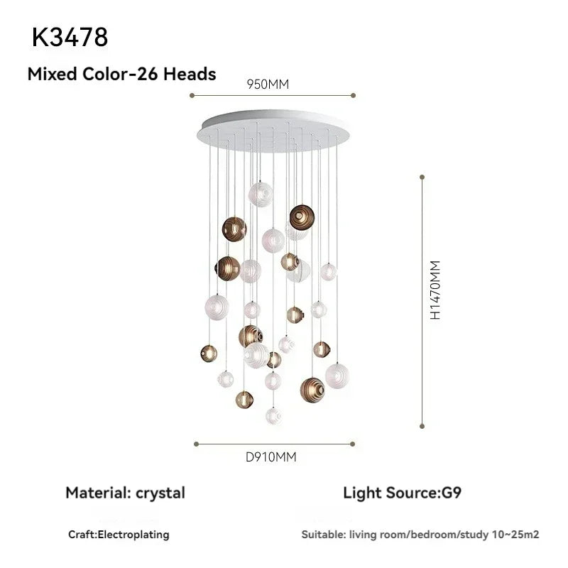 Chandelier with crystal balls and dimensions on a white background