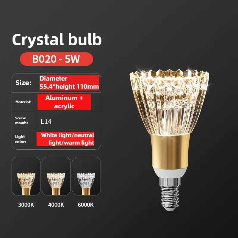 Crystal bulb with specifications on a dark background