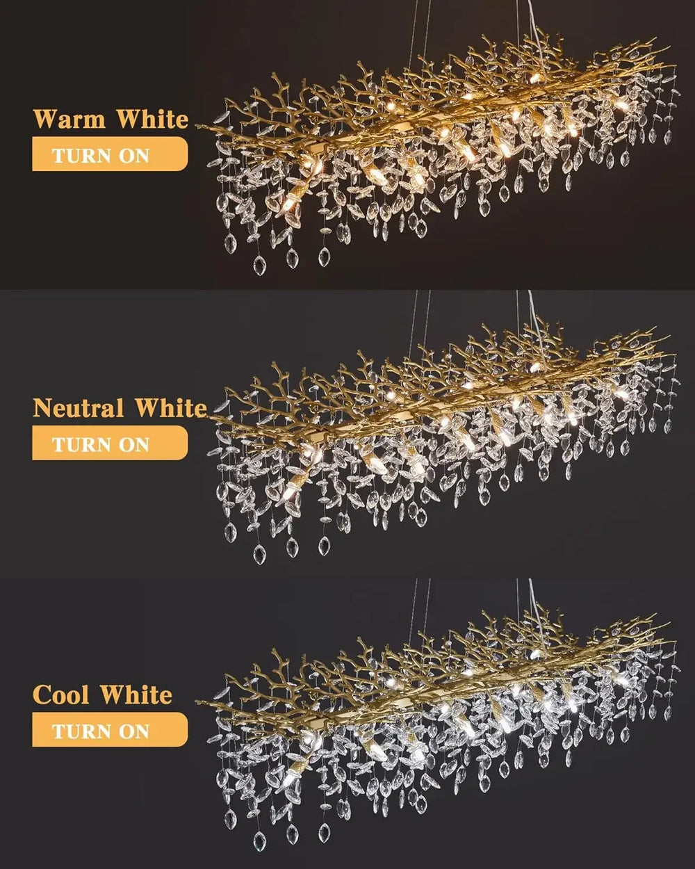 Chandelier with options for warm, neutral, and cool white light on a dark background.