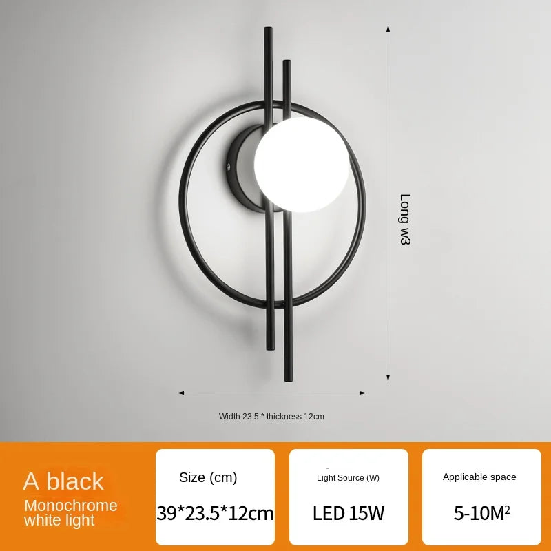 Modern wall light fixture with dimensions and specifications on a gray background