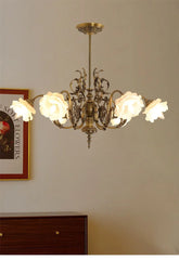 Brass Floral Chandelier with Rose Buds and Frosted Glass Bell Shades
