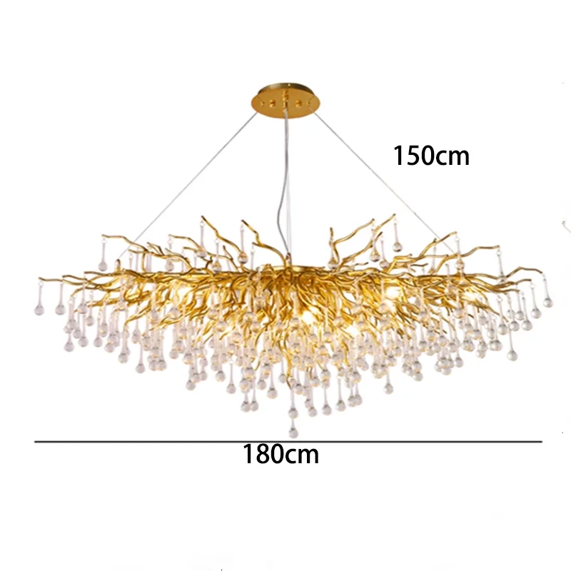 Gold chandelier with crystal accents and dimensions on a white background
