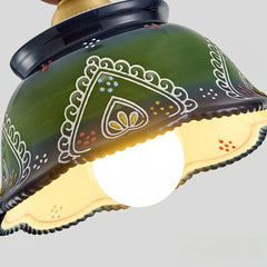Green Ceramic Bell Pendant Light Hand Painted Floral Design