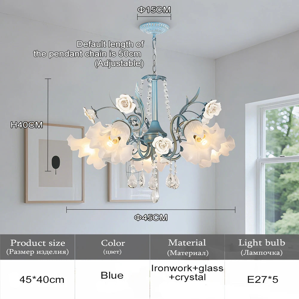 Blue chandelier with floral design in a room setting, including measurements and product details.