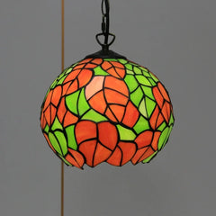 Green and orange round Tiffany style stained glass pendant light with black leading