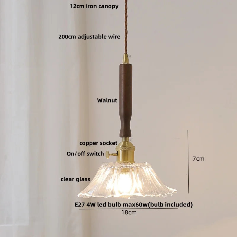 Pendant light with labeled features and dimensions on a plain background