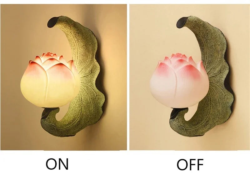 Lotus-shaped wall lamp showing 'ON' and 'OFF' states on a beige background