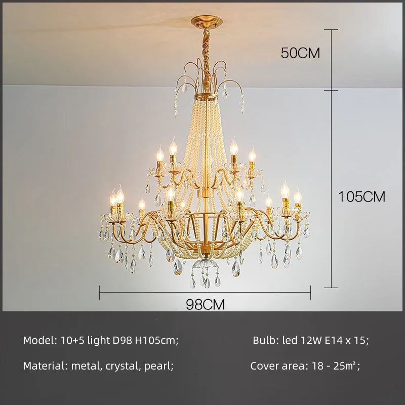 Gold chandelier with dimensions on a gray background